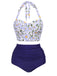 Ensemble de Bikini à Lacets et Licou à Fleurs Bleu