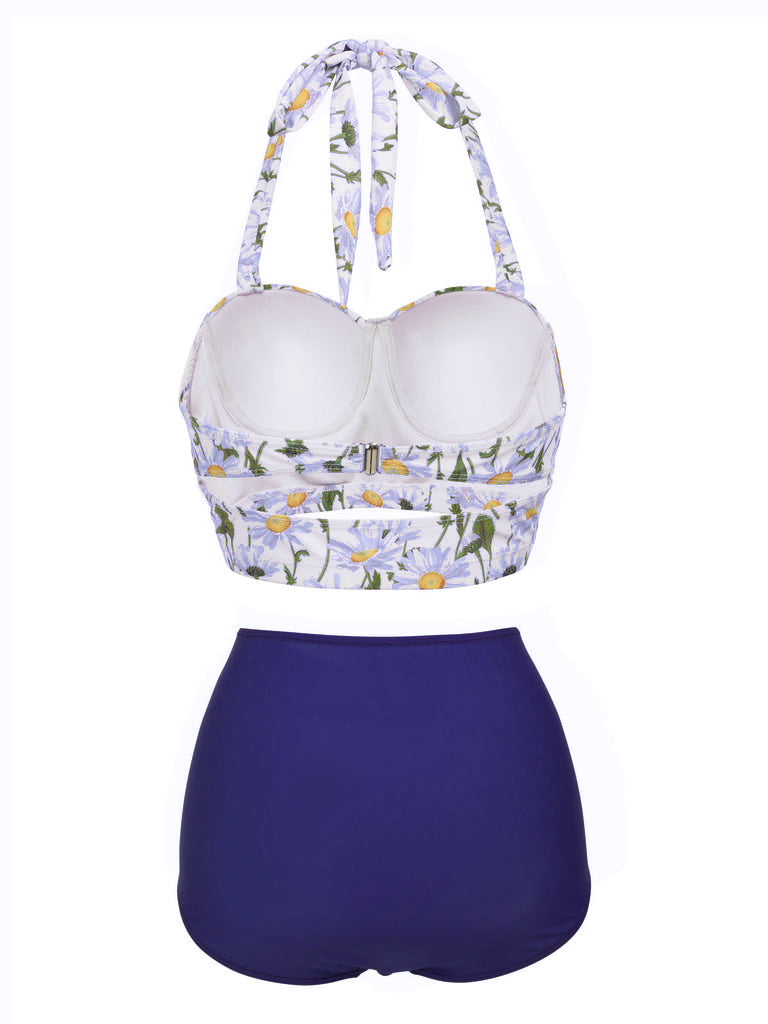 Ensemble de Bikini à Lacets et Licou à Fleurs Bleu