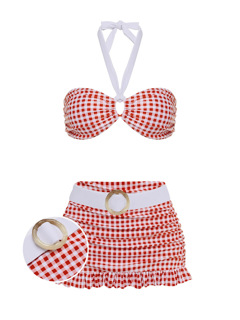 Ensemble de Bikini dos nu à Carreaux Rouge Rétro