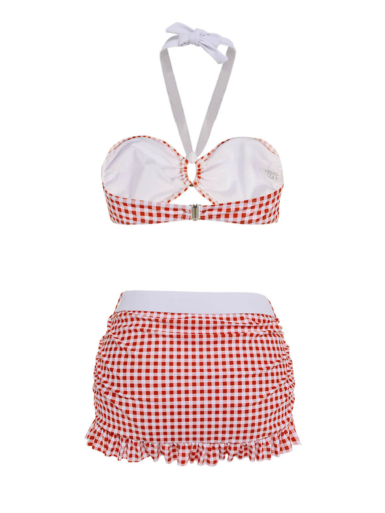 Ensemble de Bikini dos nu à Carreaux Rouge Rétro