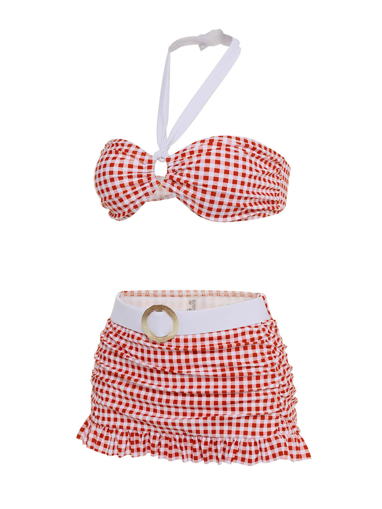 Ensemble de Bikini dos nu à Carreaux Rouge Rétro