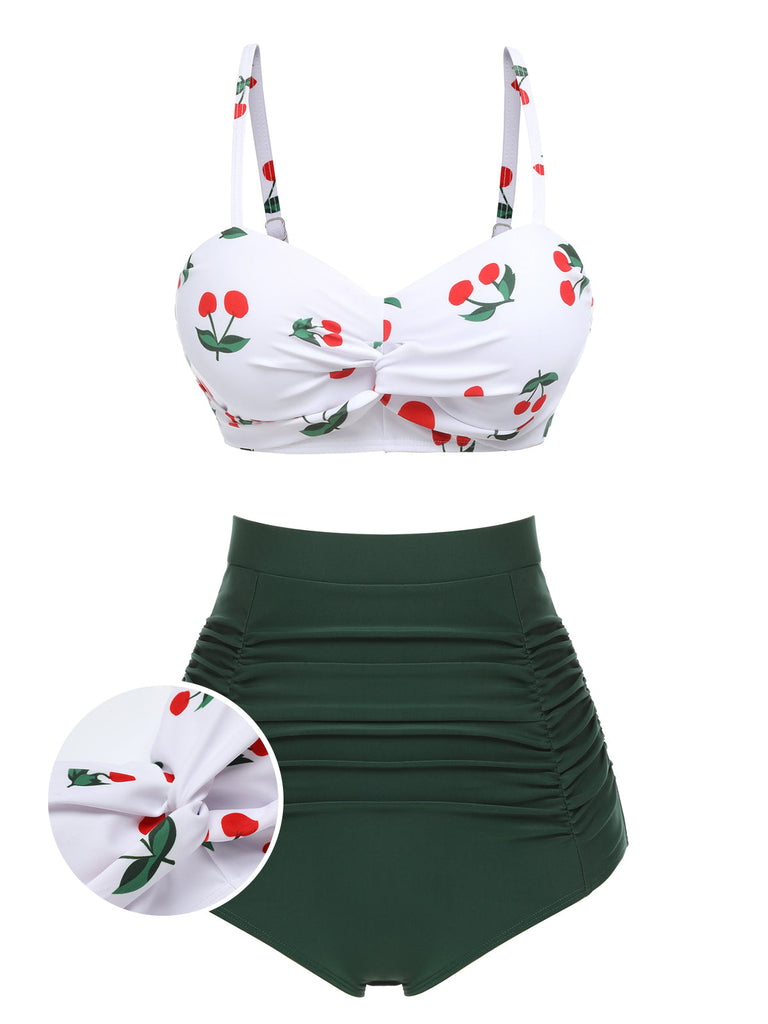 Ensemble de bikini taille haute à bretelles cerises des années 1950