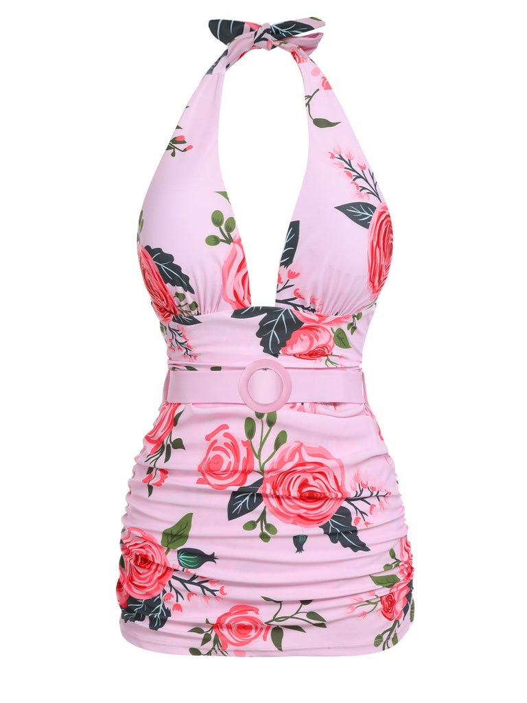 Maillot de bain rose 1930s Roses Col en V profond plongeant