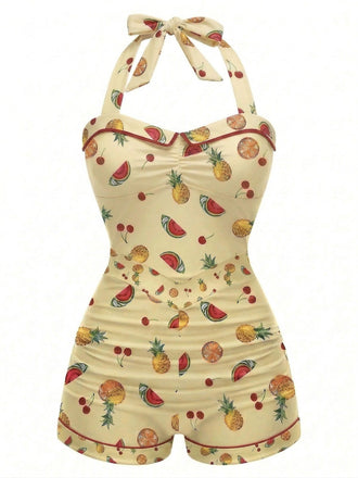 [Prévente] Maillot de bain une pièce jaune à dos nu et motif fruits années 1950
