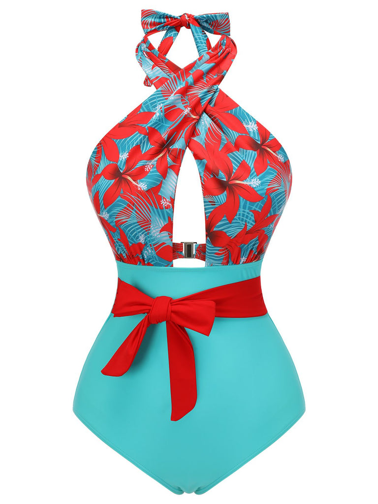 [Prévente] Maillot de bain fleuri orange à bretelles croisées nœud papillon années 1950