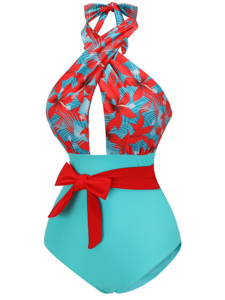 [Prévente] Maillot de bain fleuri orange à bretelles croisées nœud papillon années 1950