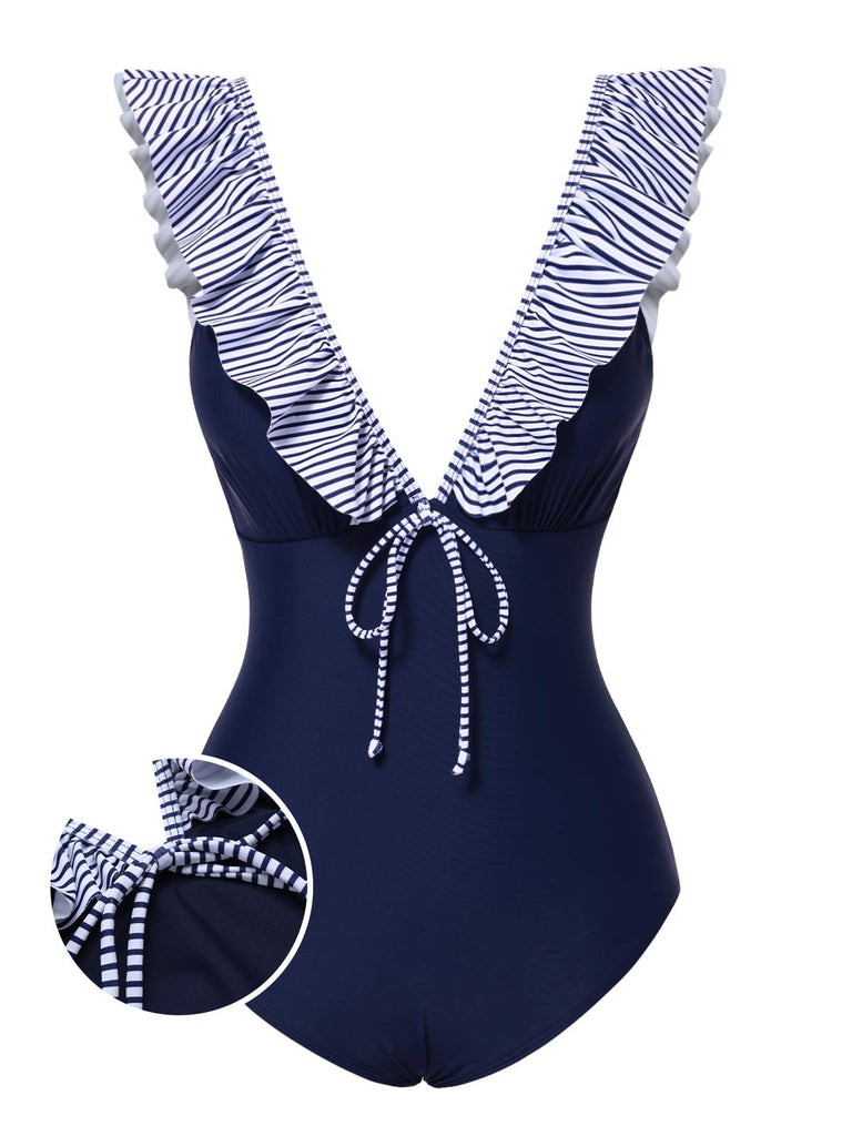 Maillot de bain à volants rayé bleu foncé des années 40