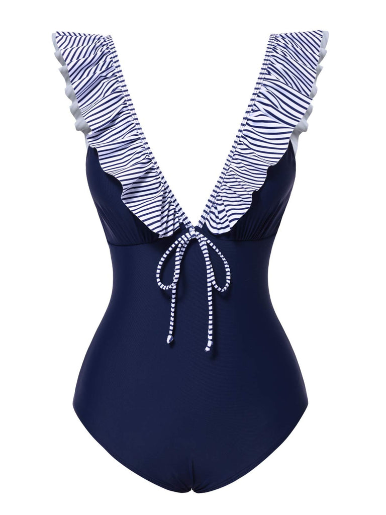 Maillot de bain à volants rayé bleu foncé des années 40