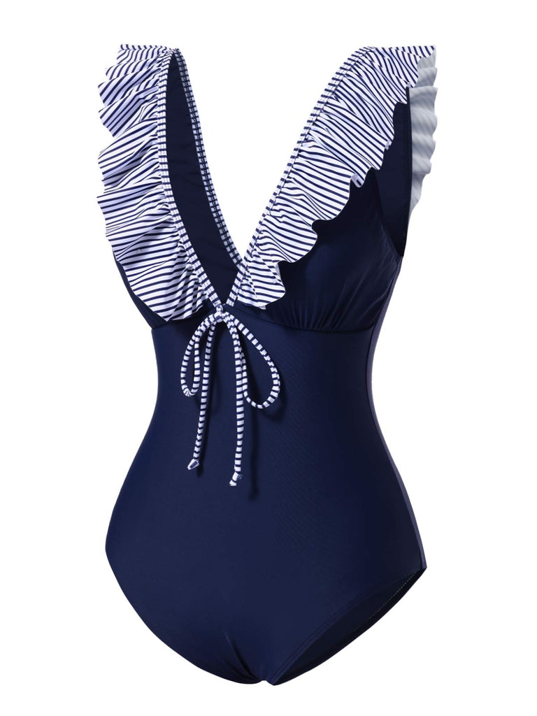 Maillot de bain à volants rayé bleu foncé des années 40