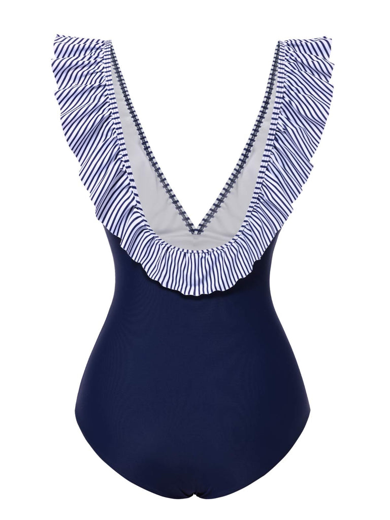 Maillot de bain à volants rayé bleu foncé des années 40