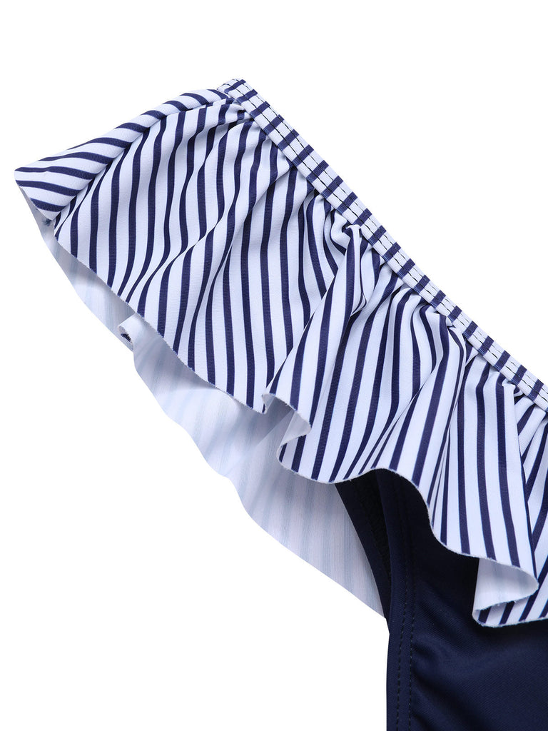 Maillot de bain à volants rayé bleu foncé des années 40
