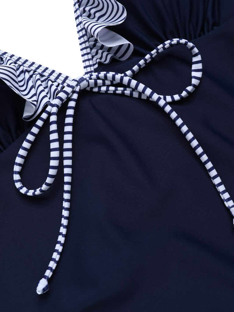 Maillot de bain à volants rayé bleu foncé des années 40