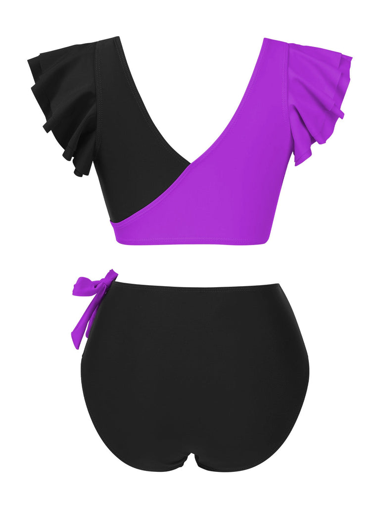 Ensemble bikini à volants et nœud froncé colorblock des années 1950