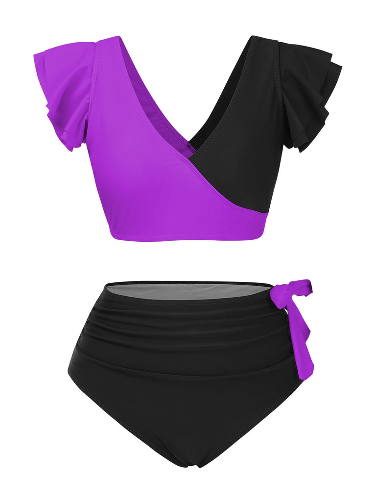 Ensemble bikini à volants et nœud froncé colorblock des années 1950