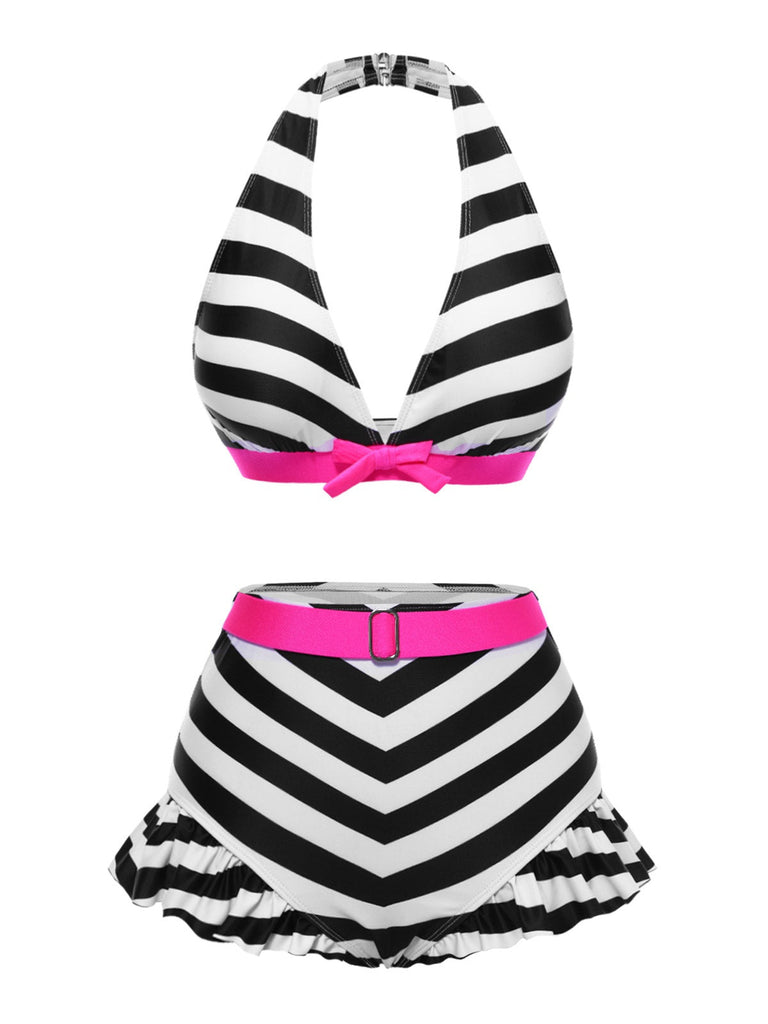 Bikini noir à rayures contrastées et volants années 1950