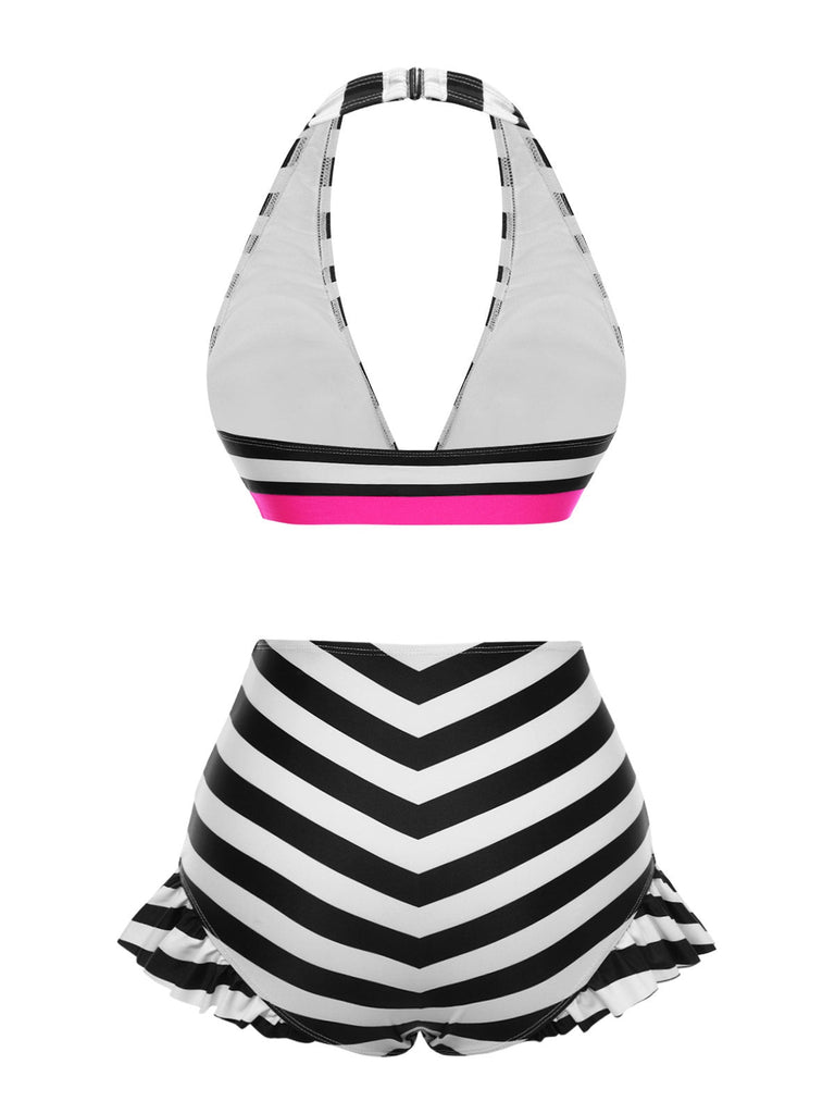 Bikini noir à rayures contrastées et volants années 1950