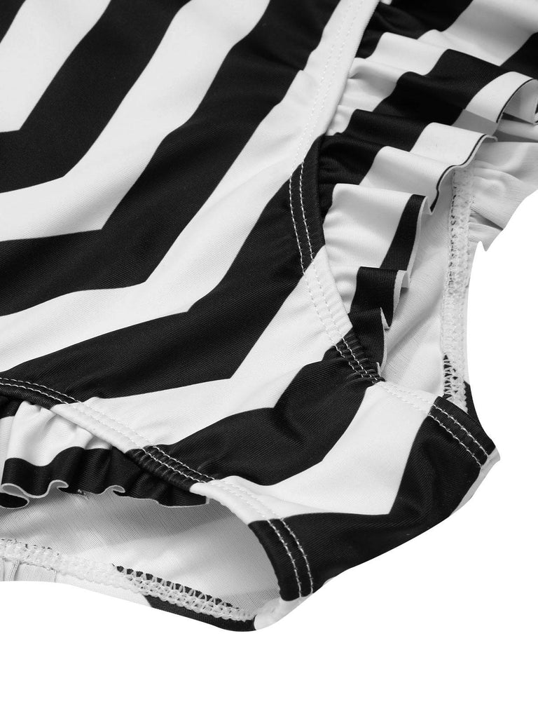 Bikini noir à rayures contrastées et volants années 1950