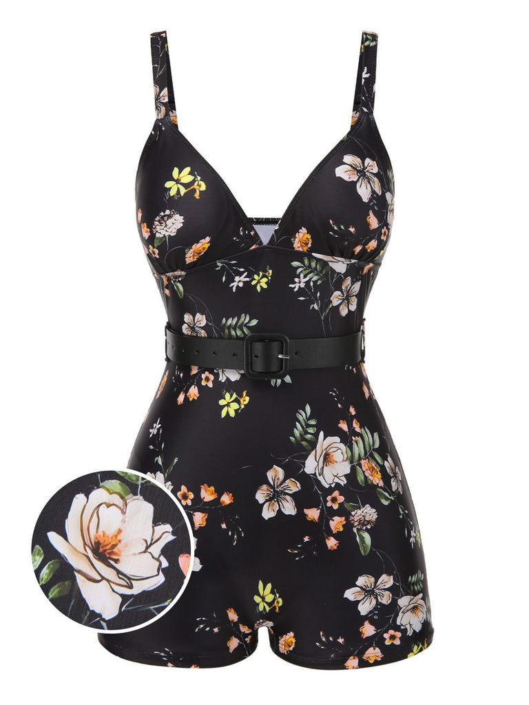 Maillot de bain noir à bretelles boxer fleuries années 40