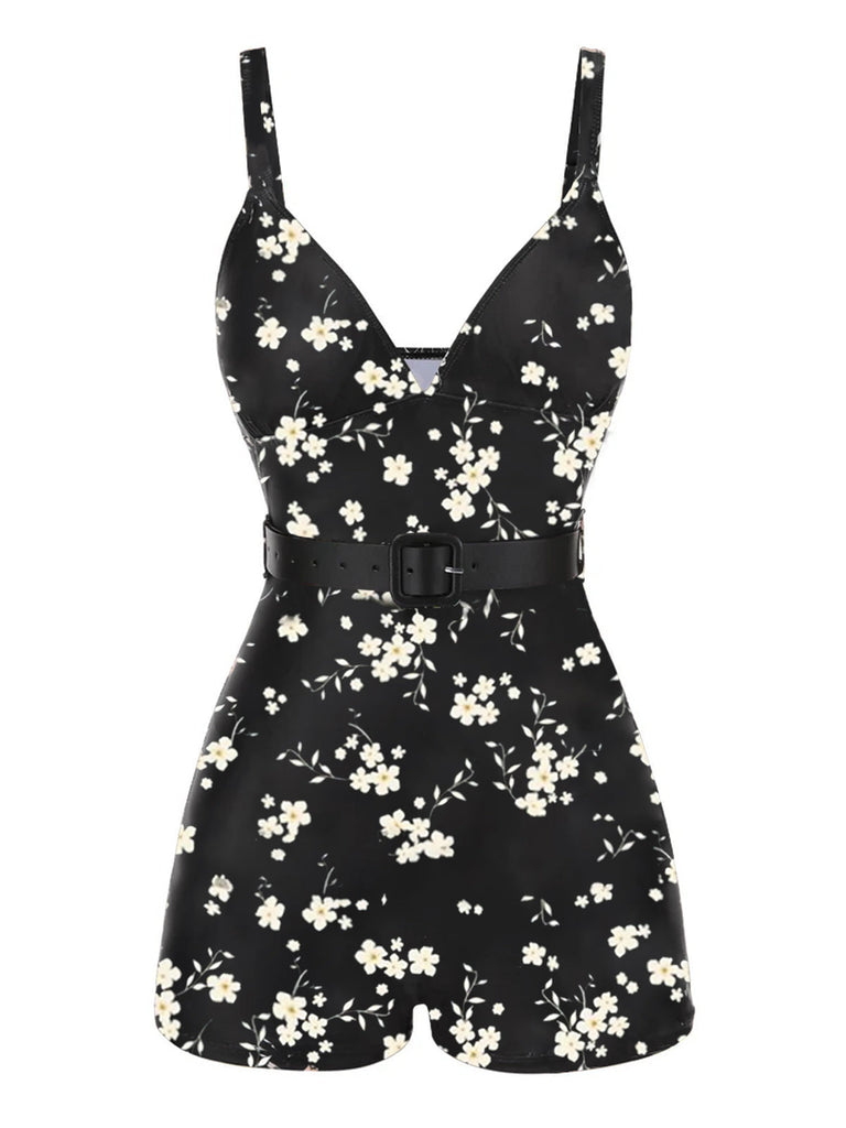 [Prévente] Maillot de bain noire à bretelles boxer fleuries années 40