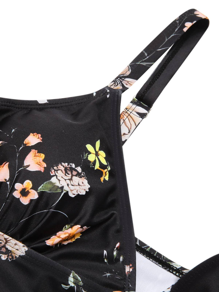 Maillot de bain noir à bretelles boxer fleuries années 40