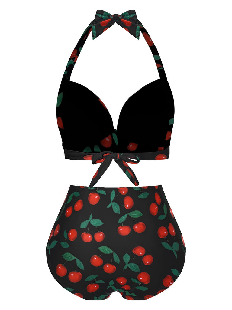 Ensemble bikini Halter froncé cerise rouge des années 1930