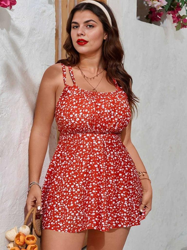 [Grande taille] Robe de bain rouge à bretelles croisées fleurie des années 1960