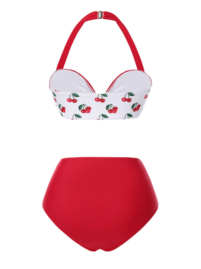 Ensemble bikini rouge à volants et col licou cerise des années 1950