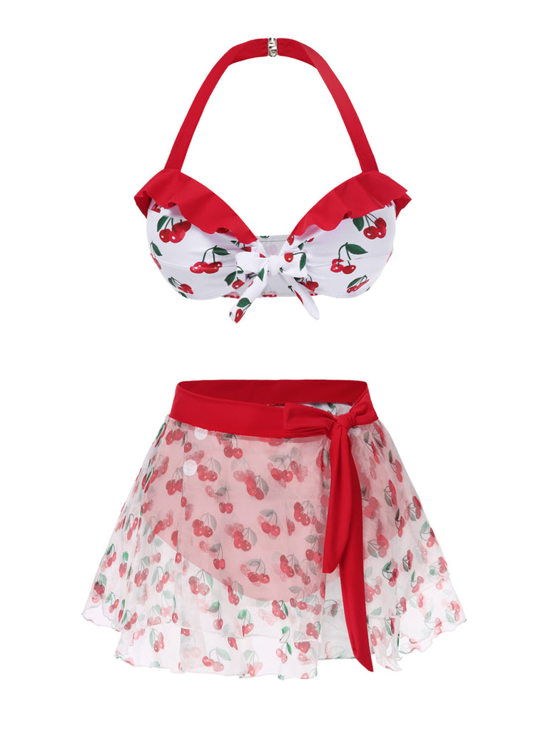 Ensemble bikini cerise et cache-maillot à nouer à lacets rouge années 50