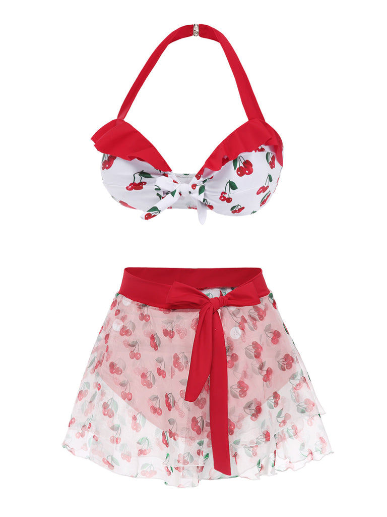 Ensemble bikini cerise et cache-maillot à nouer à lacets rouge années 50