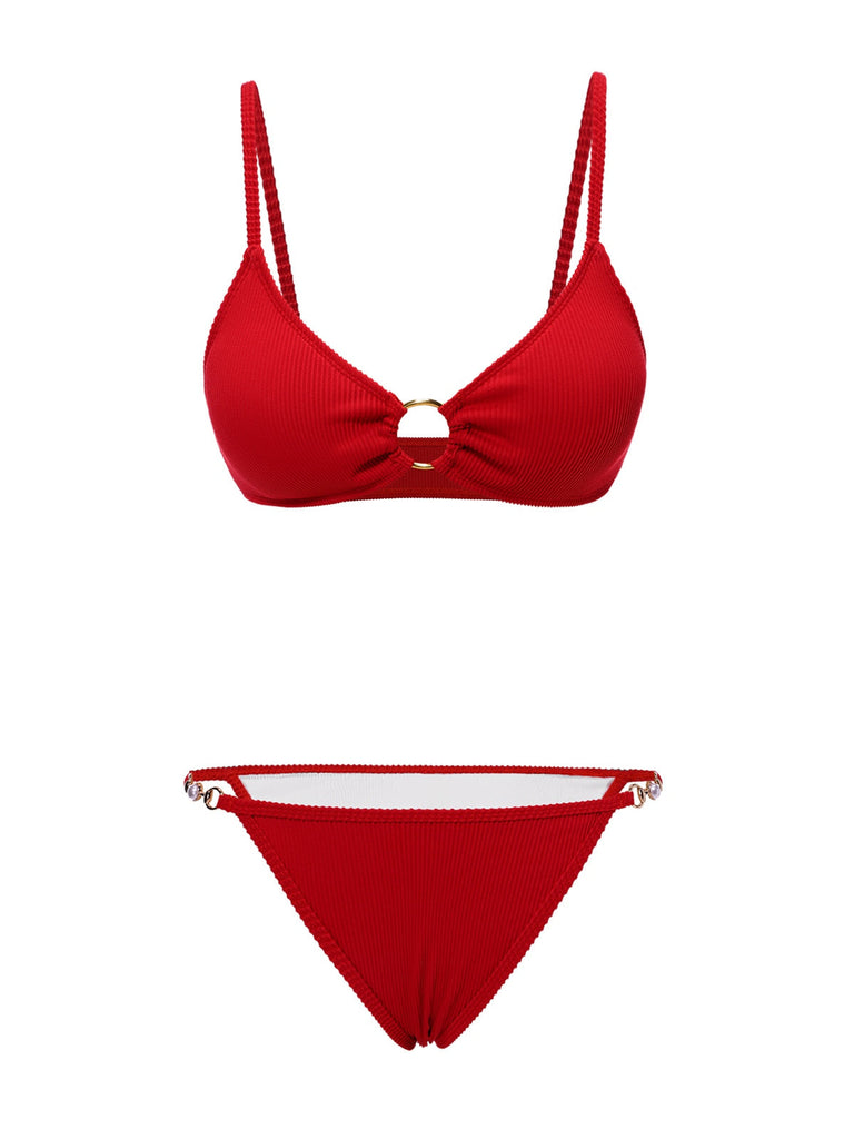[Prévente] Ensemble bikini rouge et cache-maillot longue roses années 60