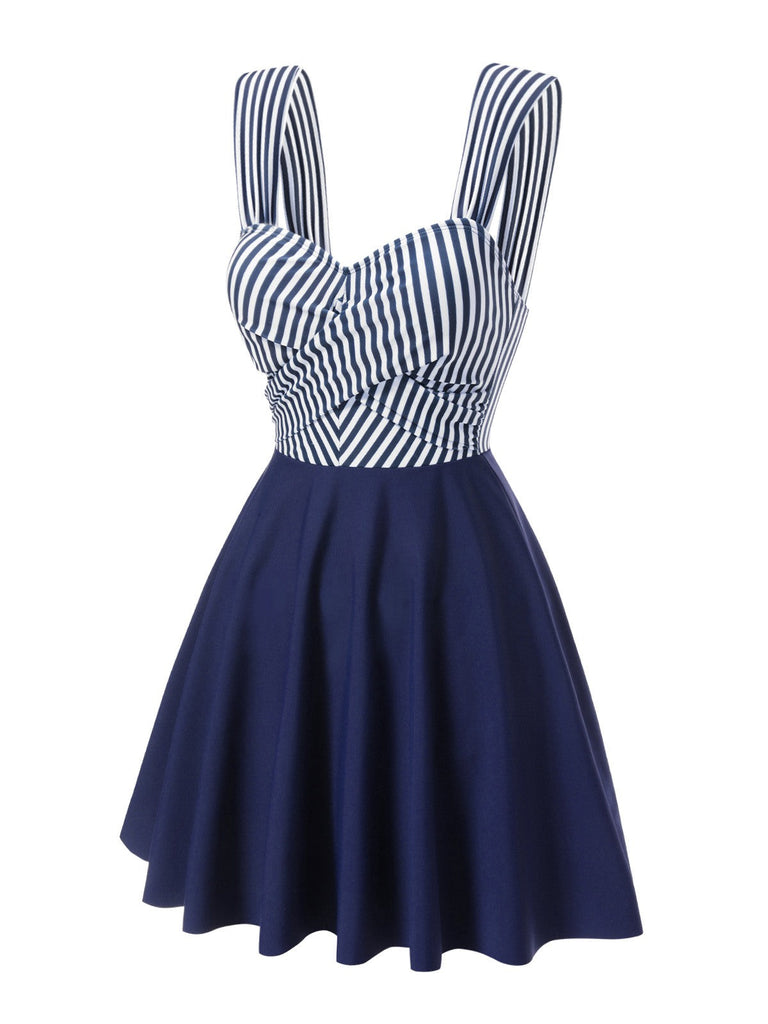 Robe de bain bleue rayures et bretelles larges des années 1940