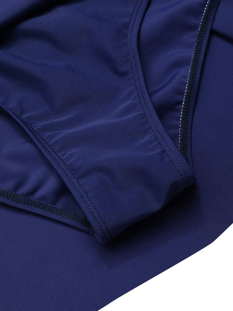 Robe de bain bleue rayures et bretelles larges des années 1940