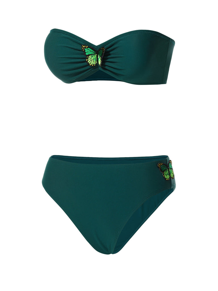 Ensemble bikini bandeau papillon 3D vert années 1960