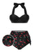 Ensemble bikini noir à col licou et motif cerise des années 1950