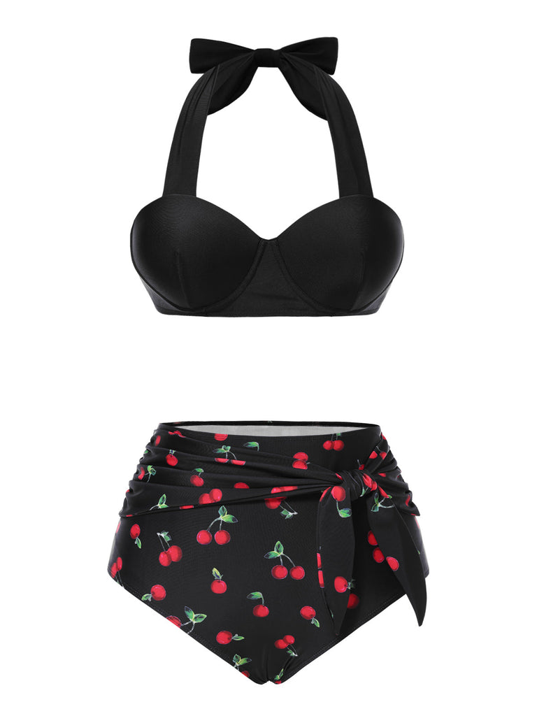 Ensemble bikini noir à col licou et motif cerise des années 1950