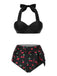 Ensemble bikini noir à col licou et motif cerise des années 1950