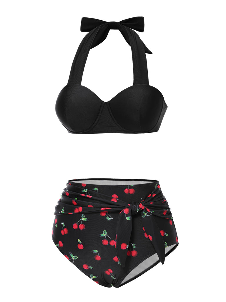 Ensemble bikini noir à col licou et motif cerise des années 1950