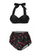 Ensemble bikini noir à col licou et motif cerise des années 1950