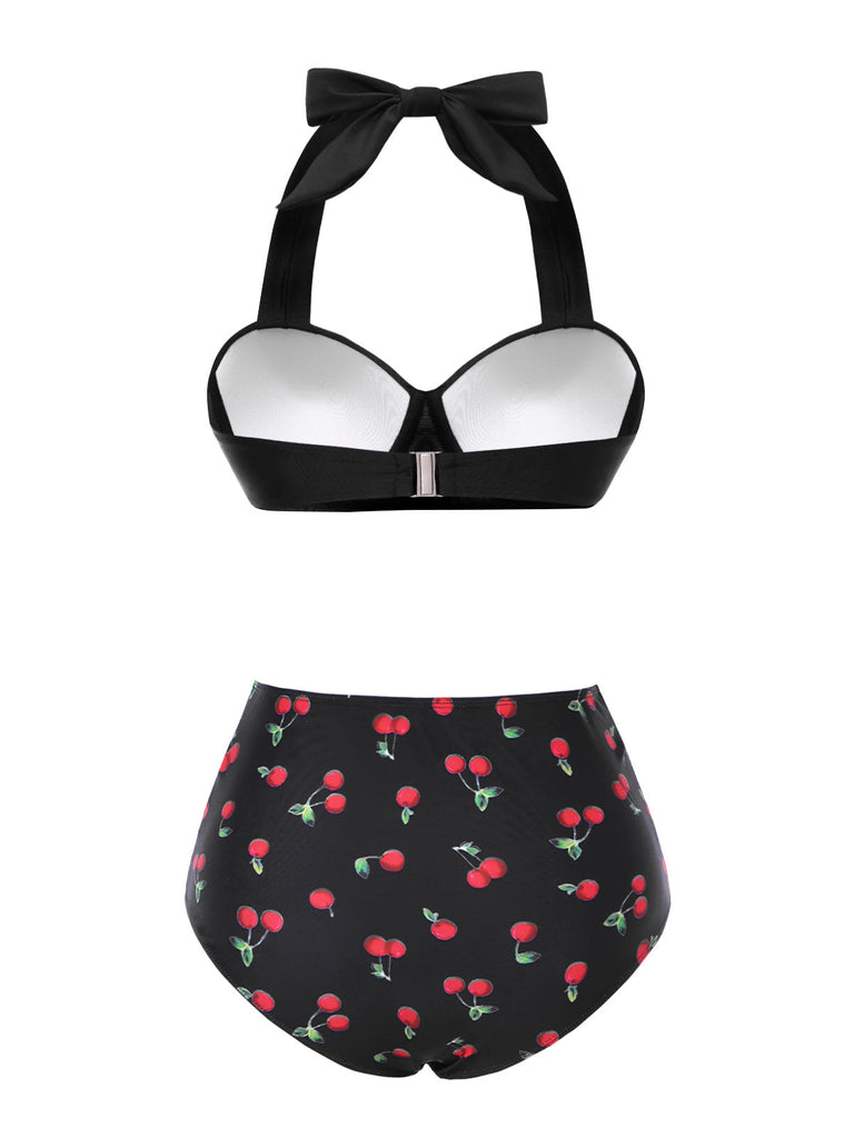 Ensemble bikini noir à col licou et motif cerise des années 1950
