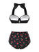 Ensemble bikini noir à col licou et motif cerise des années 1950