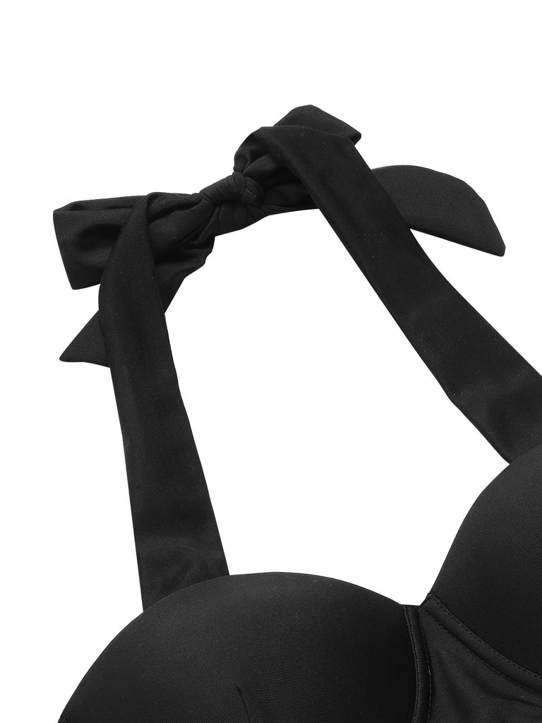 Ensemble bikini noir à col licou et motif cerise des années 1950