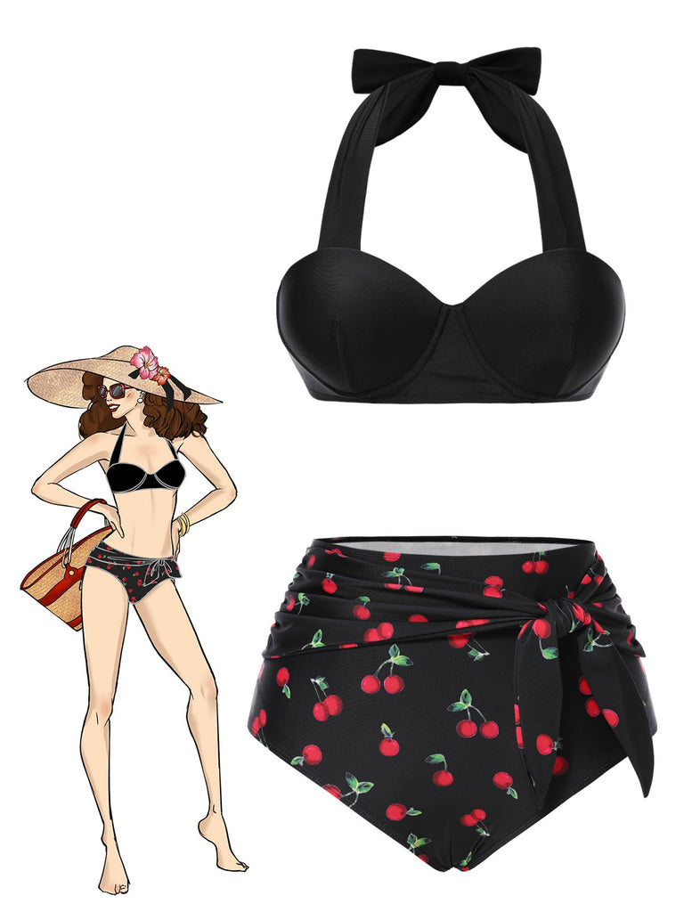 Ensemble bikini noir à col licou et motif cerise des années 1950