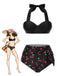 Ensemble bikini noir à col licou et motif cerise des années 1950