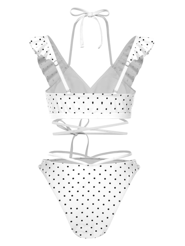Ensemble bikini à volants et lacets à pois des années 1970