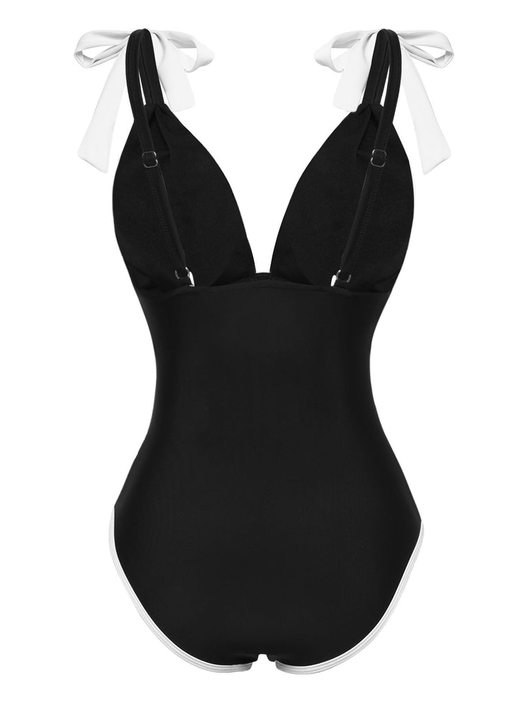 Maillot de bain noir uni à lacets et épaules froncéesa années 1950