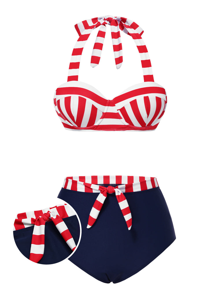 [Prévente] Ensemble de bikinis à nœud rayé rouge et bleu des années 1940