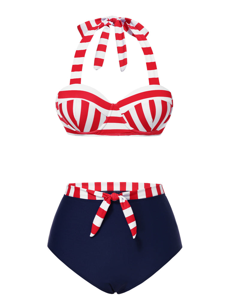 [Prévente] Ensemble de bikinis à nœud rayé rouge et bleu des années 1940