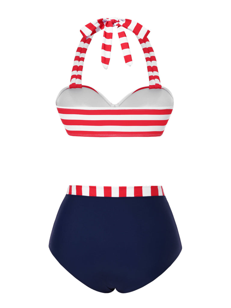 [Prévente] Ensemble de bikinis à nœud rayé rouge et bleu des années 1940