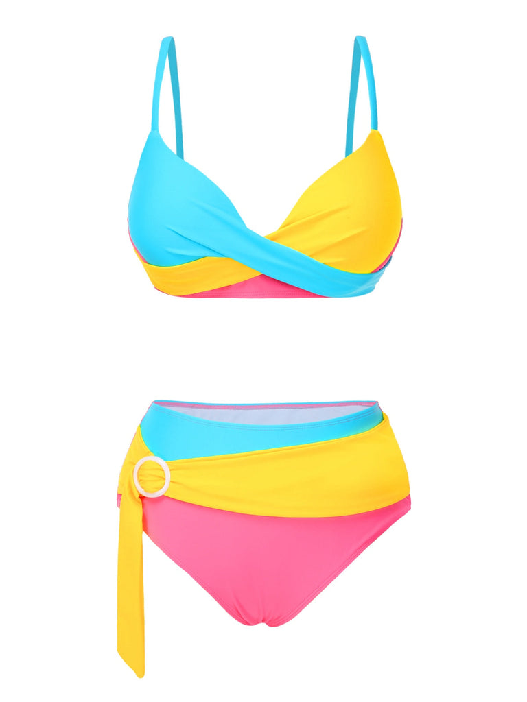 [Prévente] Ensemble bikini patchwork arc-en-ciel multicolore années 1950