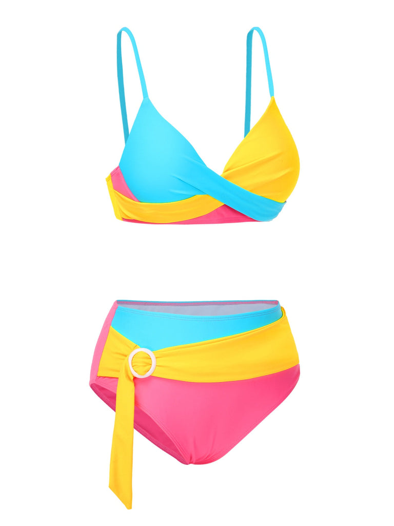 [Prévente] Ensemble bikini patchwork arc-en-ciel multicolore années 1950